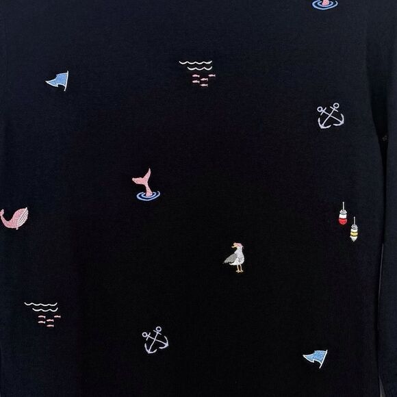 Talbots Nautical Embroidered Theme Navy Blue Long Sleeve Crew Knit Sweater - Picture 10 of 12